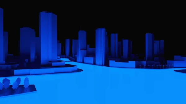 Ilustración conceptual en 3D de una ciudad nocturna con iluminación de agua brillante. renderizado 3d. — Foto de Stock