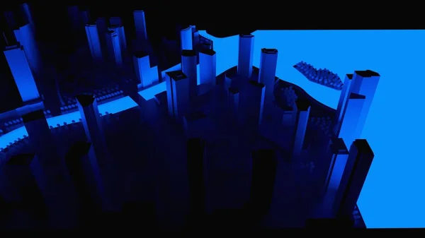 Ilustração 3d conceitual de uma cidade noturna com iluminação a partir de água brilhante. Renderização 3d. — Fotografia de Stock