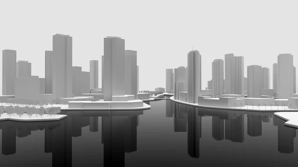 Blanco en blanco modelo 3D de una ciudad construida por el agua. renderizado 3d. —  Fotos de Stock