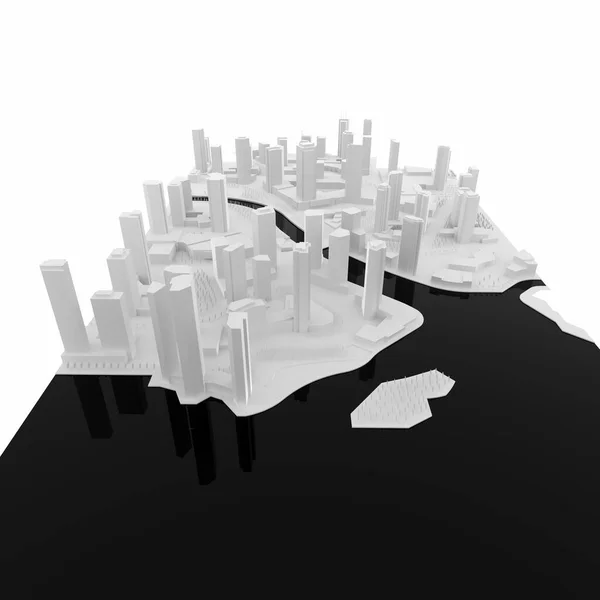 Weißes, leeres 3D-Modell einer Stadt, die am Wasser gebaut wurde. 3D-Darstellung. — Stockfoto