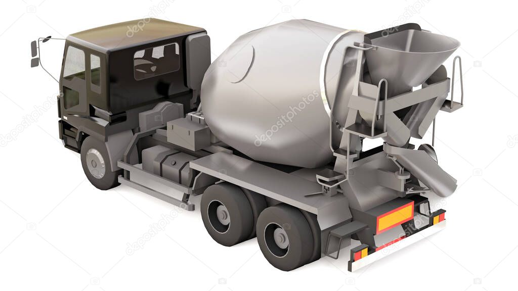 Concrete mixer truck with black cab and grey mixer on white background. Three-dimensional illustration of construction equipment. 3d rendering