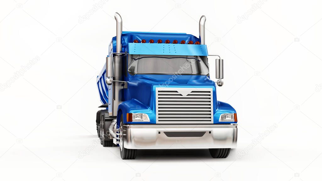 Large blue American truck with a trailer type dump truck for transporting bulk cargo on a white background. 3d illustration.