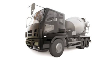 Siyah kabinli beton karıştırıcı kamyon ve beyaz arka planda gri mikser. İnşaat ekipmanlarının üç boyutlu çizimi. 3d oluşturma