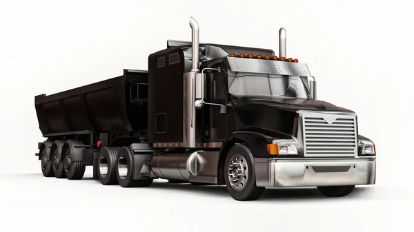 大型美国黑人卡车 带有拖车式倾卸卡车 用于在白色背景上运输散装货物 3D说明 — 图库照片