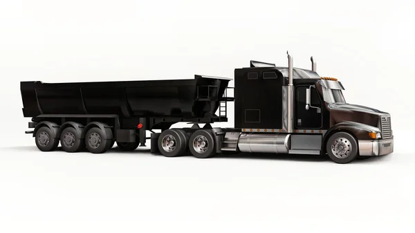 Duży Czarny Amerykański Samochód Ciężarowy Przyczepą Typu Wywrotka Transportu Ładunków — Zdjęcie stockowe