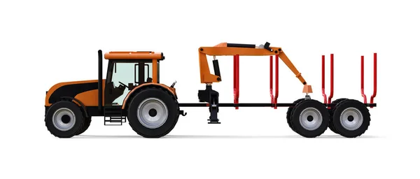 Tractor naranja con remolque para tala sobre fondo blanco. renderizado 3d. — Foto de Stock