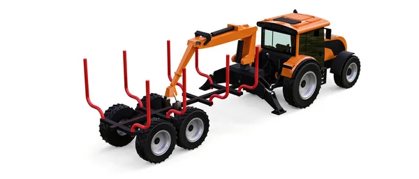 Помаранчевий трактор з трейлером для лісозаготівель на білому тлі. 3D візуалізація . — стокове фото