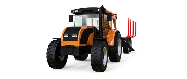 Помаранчевий трактор з трейлером для лісозаготівель на білому тлі. 3D візуалізація . — стокове фото