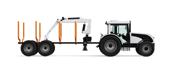 Bílý traktor s přívěsem pro těžbu dřeva na bílém pozadí. 3D vykreslování. — Stock fotografie