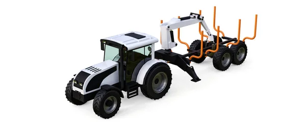 Fehér traktor pótkocsival fehér háttérrel a fakitermeléshez. 3D-s renderelés. — Stock Fotó