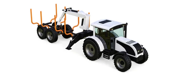 Білий трактор з трейлером для лісозаготівель на білому тлі. 3D візуалізація . — стокове фото