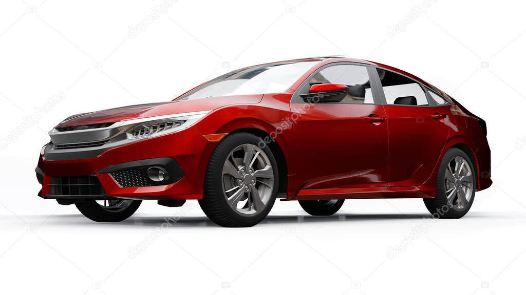 Red mid-size urban family sedan on a white uniform background. 3d rendering.