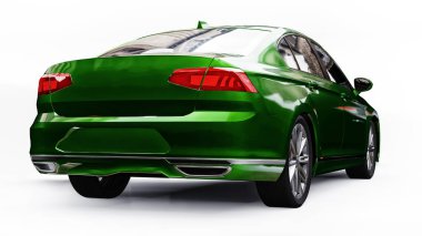 Beyaz stüdyo ortamında markasız, jenerik yeşil bir arabanın 3 boyutlu çizimi.