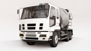 Beyaz kabinli beton karıştırıcı kamyon ve beyaz arka planda gri mikser. İnşaat ekipmanlarının üç boyutlu çizimi. 3d oluşturma