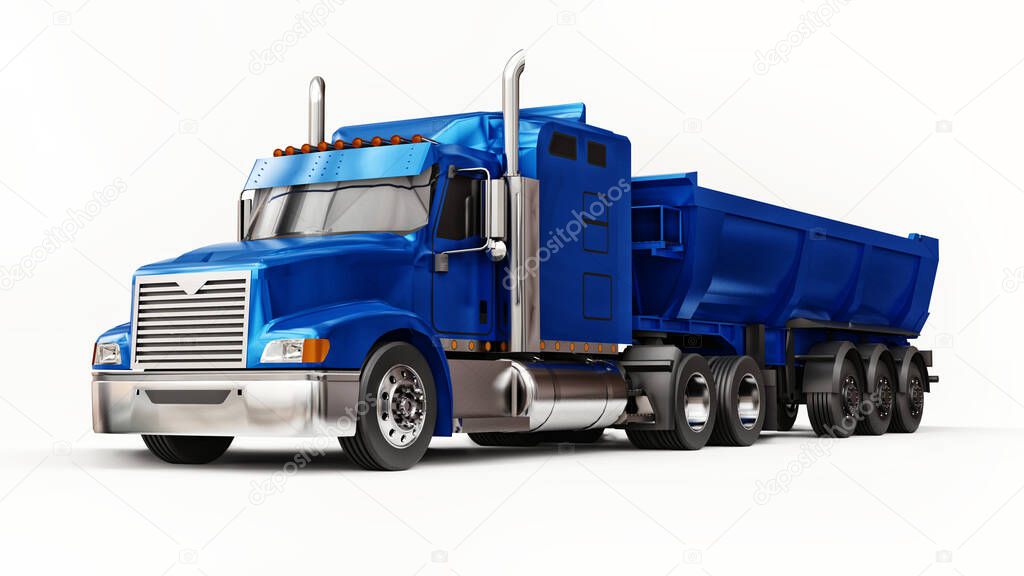 Large blue American truck with a trailer type dump truck for transporting bulk cargo on a white background. 3d illustration