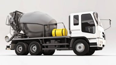Beyaz kabinli beton karıştırıcı kamyon ve beyaz arka planda gri mikser. İnşaat ekipmanlarının üç boyutlu çizimi. 3d oluşturma