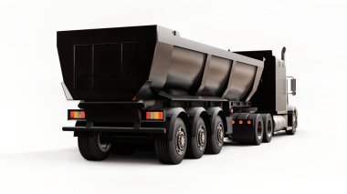 Beyaz arka planda kargo taşımak için karavan tipi bir çöp kamyonu olan büyük siyah bir Amerikan kamyonu. 3d illüstrasyon