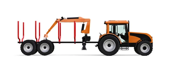 Oranje Trekker Met Aanhangwagen Voor Het Loggen Een Witte Achtergrond — Stockfoto