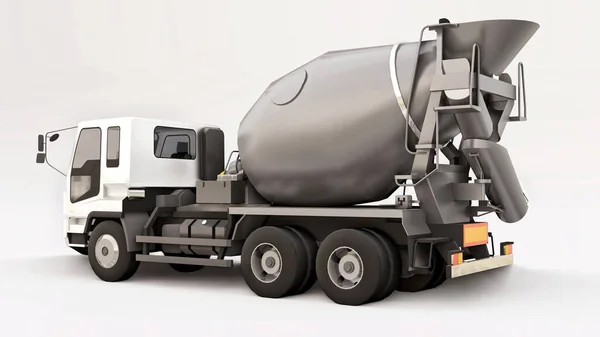 Concrete mixer truck with white cab and grey mixer on white background. Three-dimensional illustration of construction equipment. 3d rendering