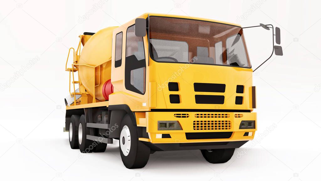 Orange concrete mixer truck white background. Three-dimensional illustration of construction equipment. 3d rendering