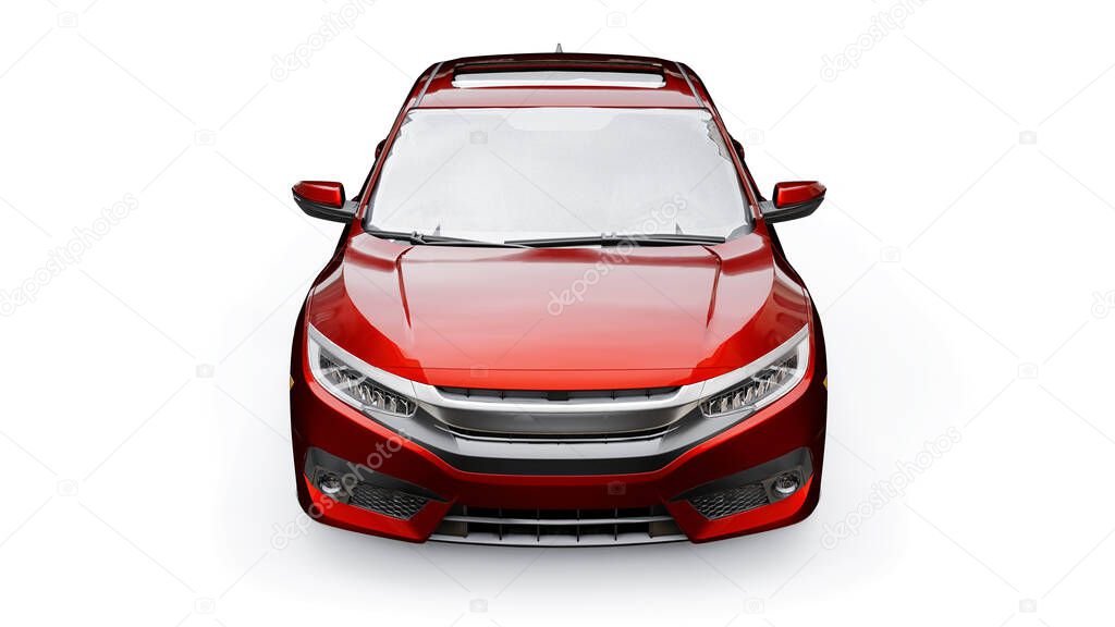 Red mid-size urban family sedan on a white uniform background. 3d rendering