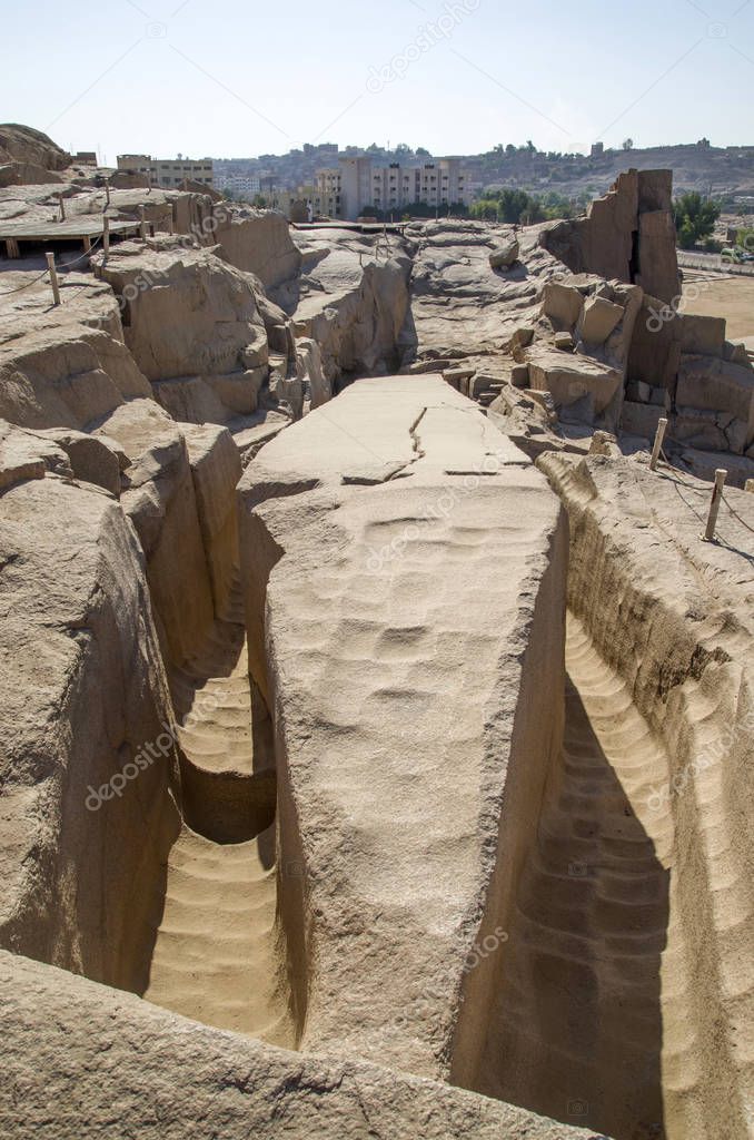 Unfinished largest obelisk in open-air museum of Aswan, Egyp