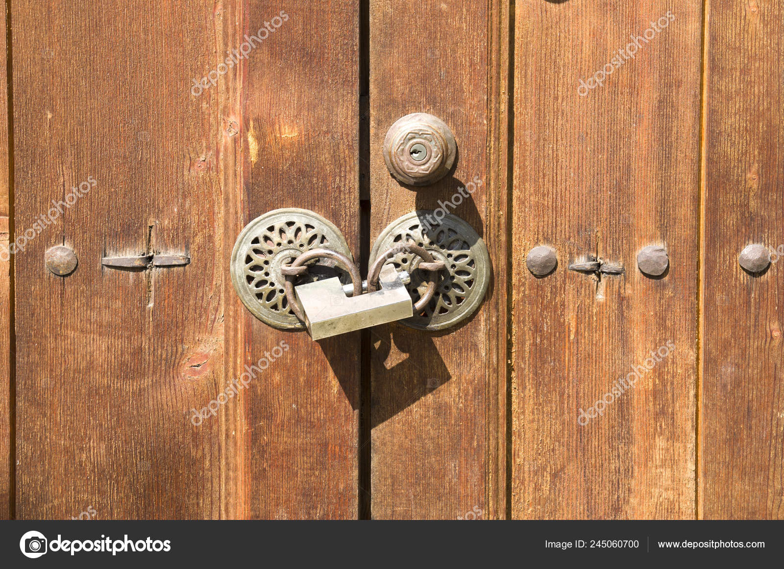 Two Old Doorknobs New Padlock Wooden Door Bulgaria Europ