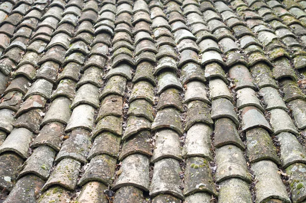 Old dirty tiled roof with moss closeup — Stock Photo, Image