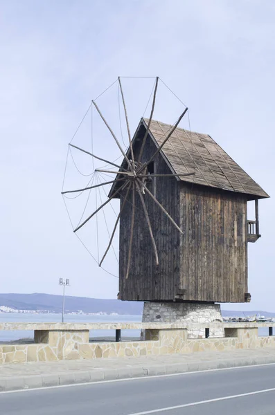 The wooden windmill is symbol of town Nessebar in Bulgaria — Stock Photo, Image