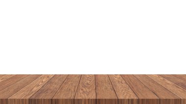 Boş ahşap masa arkaplanı, izole edilmiş beyaz duvar 3D illüstrasyon