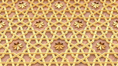 İslami şablon - İslami süs, İran motifi. Ramazan dönemi elementleri, yıldızlar. Geometrik dairesel süslemeli Arapça sembol. Altın ve Ahşap soyut arka plan. 3d illüstrasyon