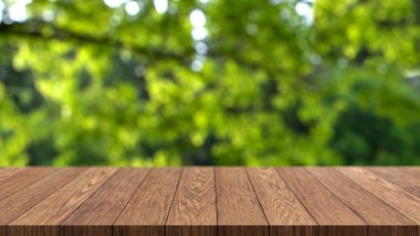 Ürün Sunumu için boş ahşap masa - yeşil bahar ormanı arka planı, 3D illüstrasyon
