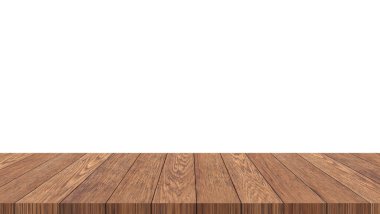 Boş ahşap masa arkaplanı, izole edilmiş beyaz duvar 3D illüstrasyon