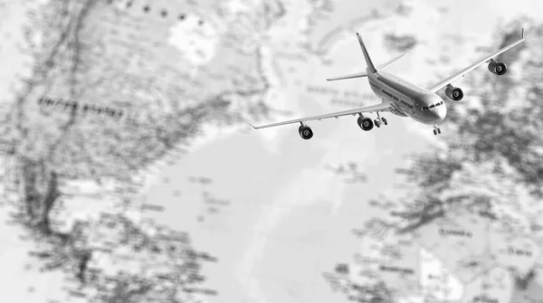 Repülőgép Világtérkép Hátterében Repülőút Fogalma Üres Hely Szöveges Repülőjegy Foglalása — Stock Fotó