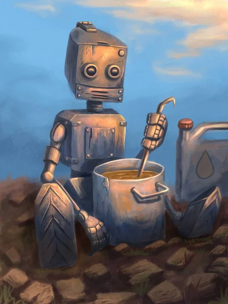 Cute Robot Cooking Soup — Stock Photo, Image