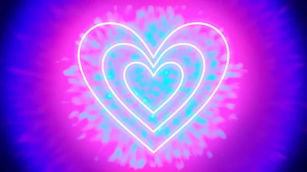 Neon Love - three heart-shaped neon tube-like light objects, that are hovering in front a tunnel of light emitting particles - digitally generated concept image