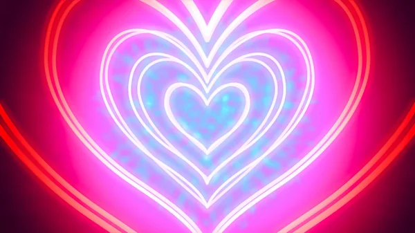Tunnel of neon hearts - heart-shaped neon tube-like light objects, that are hovering amid a fanciful environment  - digitally generated image