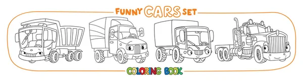 Carros engraçados ou caminhões com olhos. Conjunto de livros para colorir — Vetor de Stock