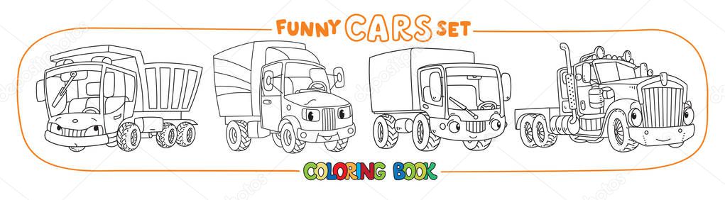 Funny cars or trucks with eyes. Coloring book set