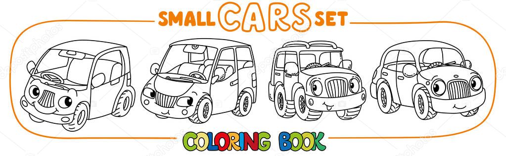 Funny small city cars with eyes. Coloring book set