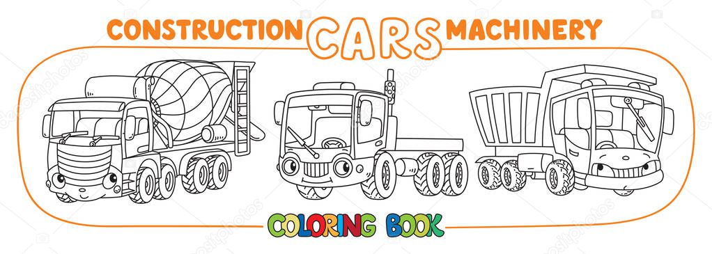 Funny heavy cars with eyes. Coloring book set