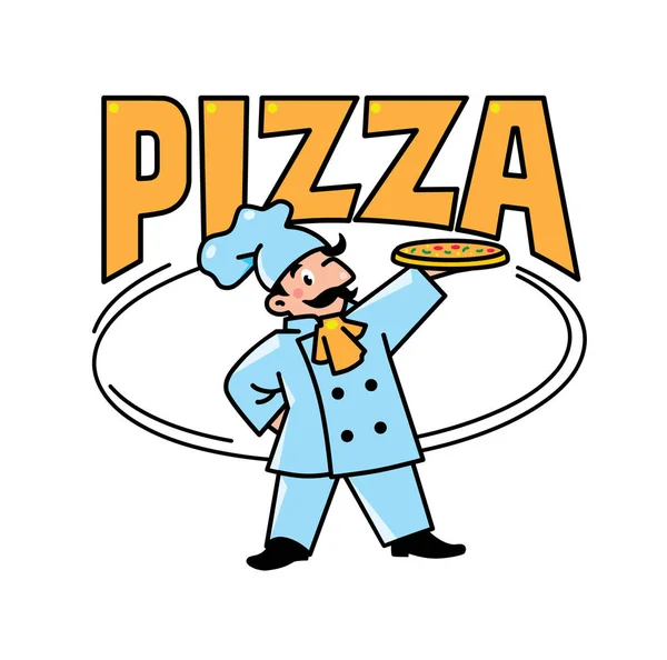 Statsvapen rolig kock eller bagare med pizza och logotyp — Stock vektor