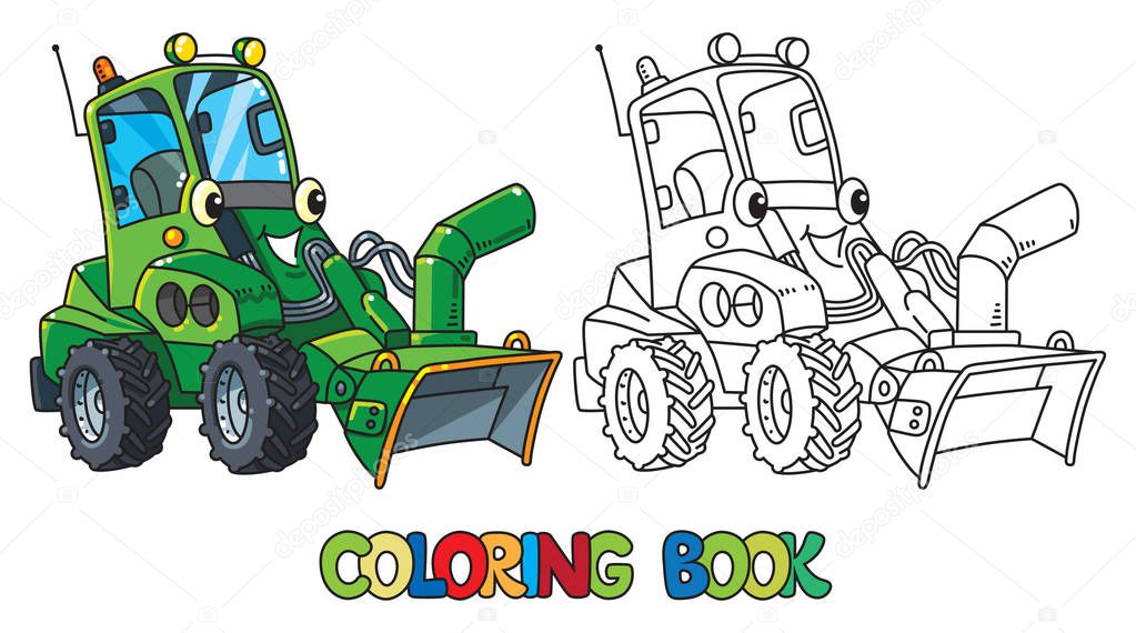 Funny snowthrower car with eyes. Coloring book