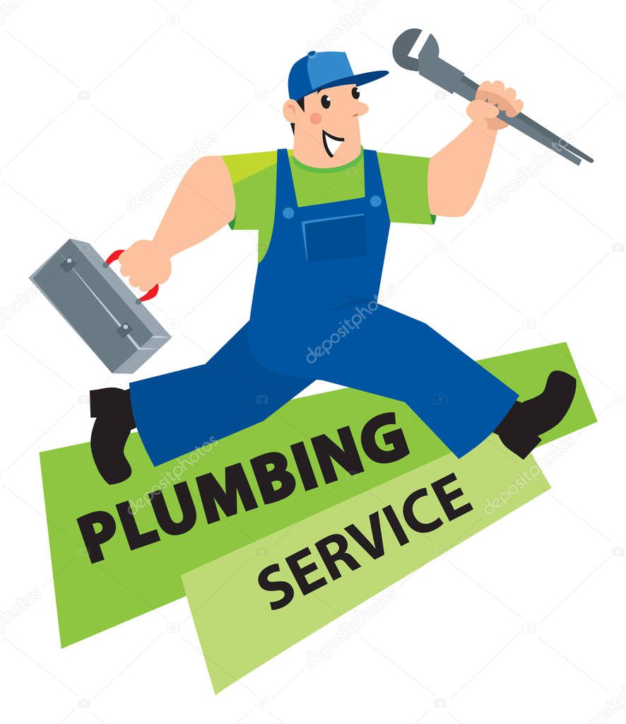 Funny repairman or plumber with the tools is running. Technical service. Vector illustration. Cartoon character