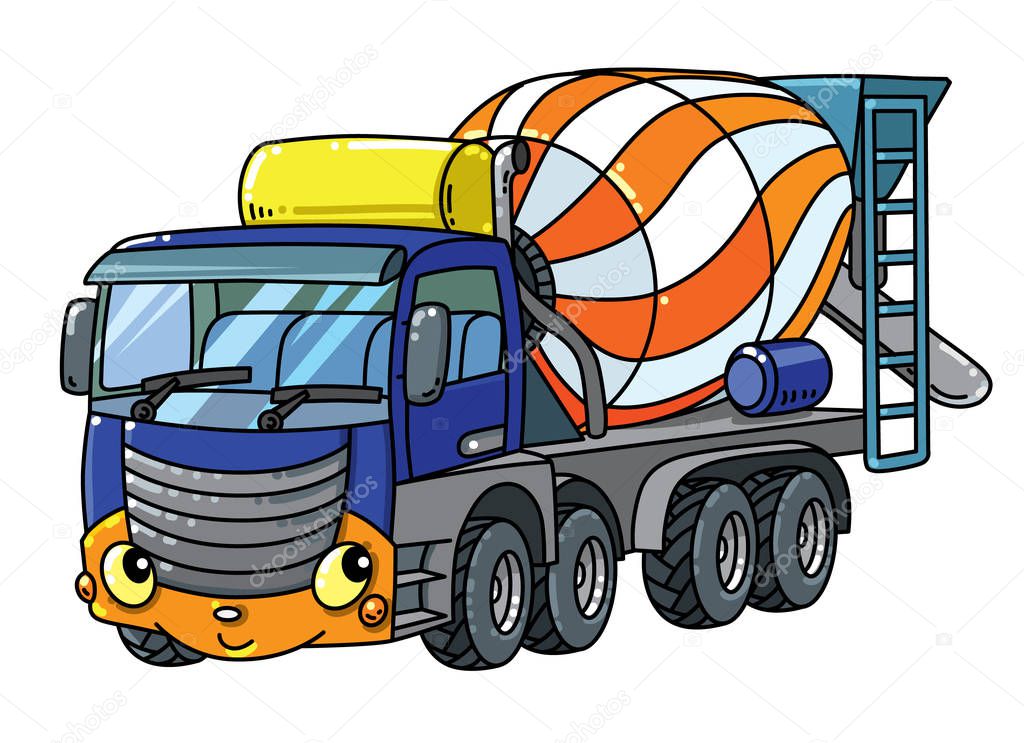 Funny concrete mixer truck with eyes and mouth