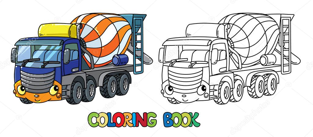 Funny concrete mixer truck with eyes Coloring book