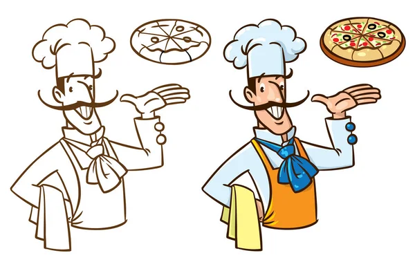 Chef italiano divertido con ilustración de vector de pizza — Vector de stock