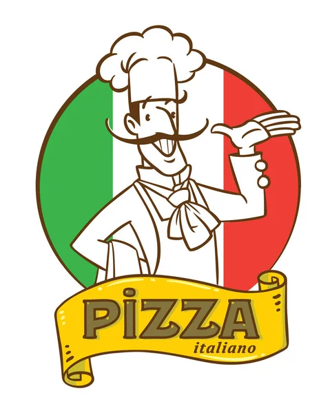 Lustiger italienischer Koch mit Pizza. Emblem design — Stockvektor