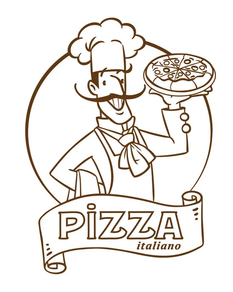 Grappige Italiaanse kok met pizza. Embleem ontwerp — Stockvector