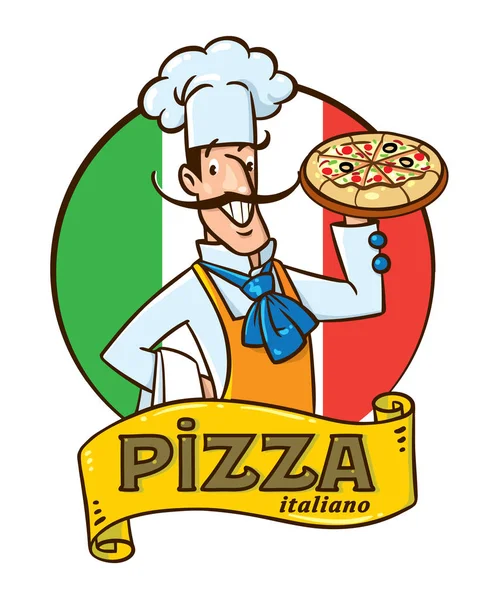 Chef italiano divertido con pizza. Diseño del emblema — Archivo Imágenes Vectoriales